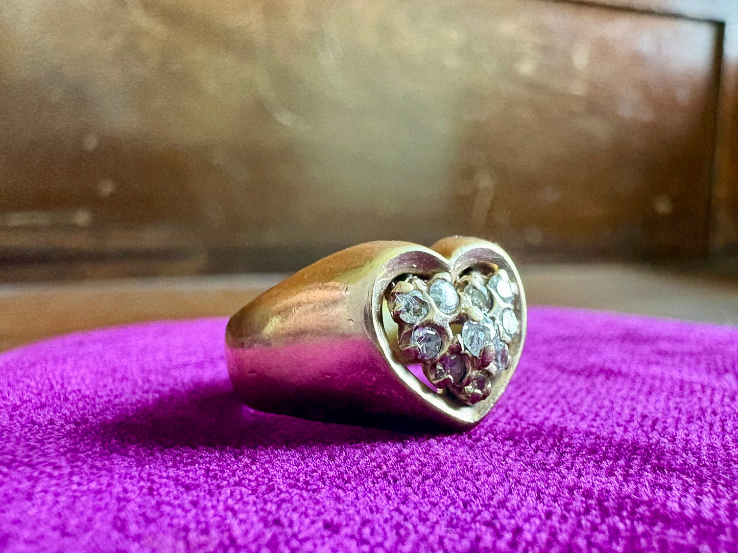 Vintage 14K Yellow Gold Diamond Heart Cluster Ring