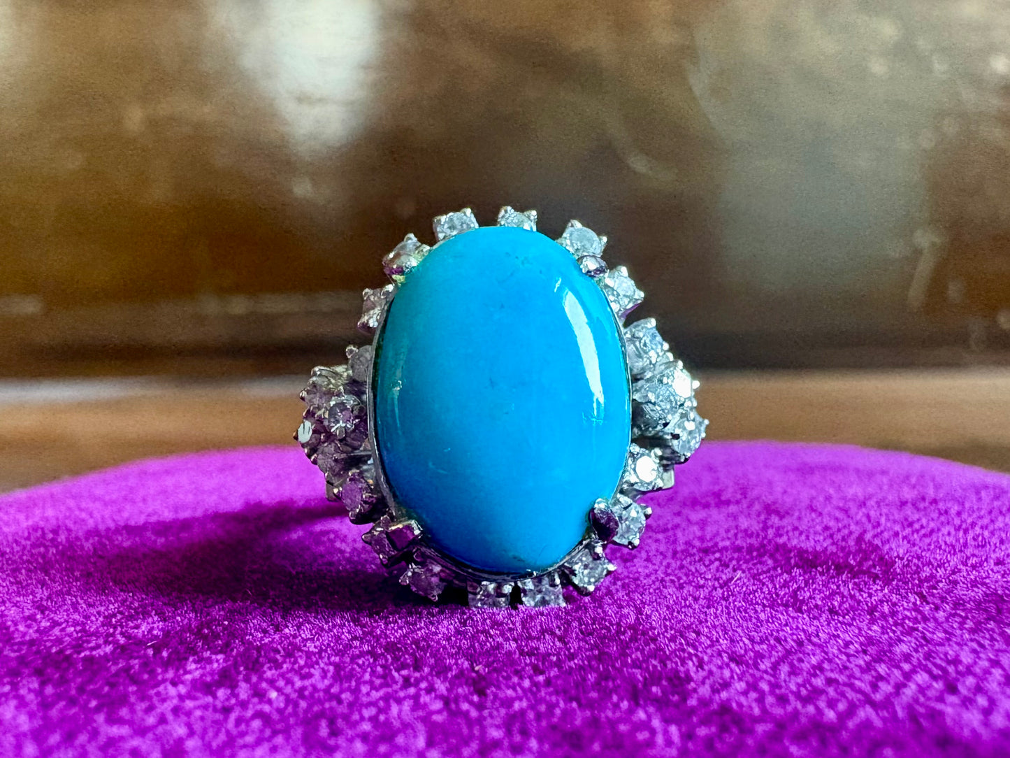Vintage Platinum 900 Turquoise & Natural Diamond Halo Ring