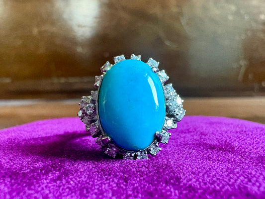 Vintage Platinum 900 Turquoise & Natural Diamond Halo Ring