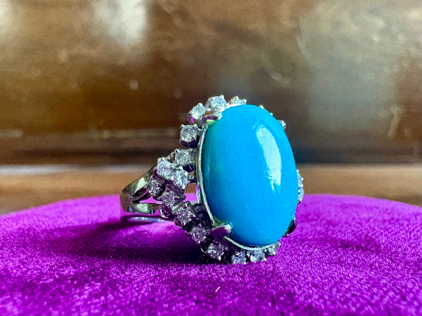 Vintage Platinum 900 Turquoise & Natural Diamond Halo Ring