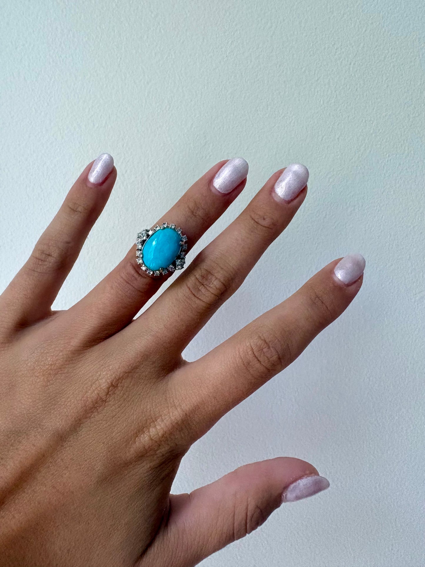 Vintage Platinum 900 Turquoise & Natural Diamond Halo Ring
