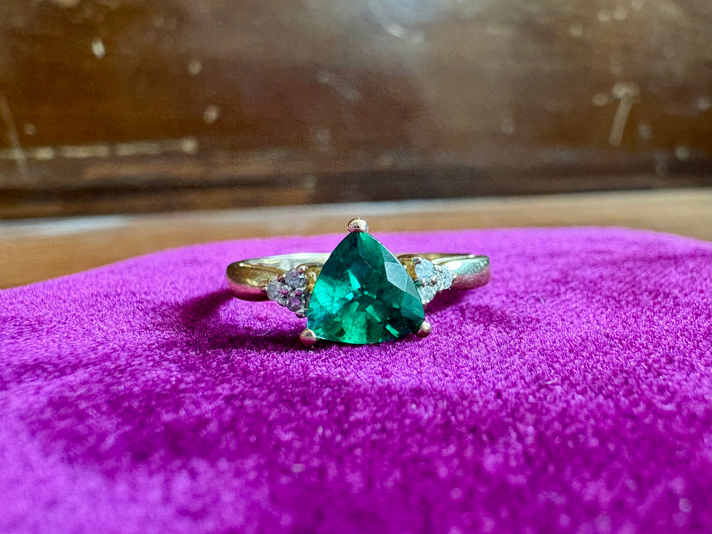 Trillion Synthetic Emerald 10K Yellow Gold Ring