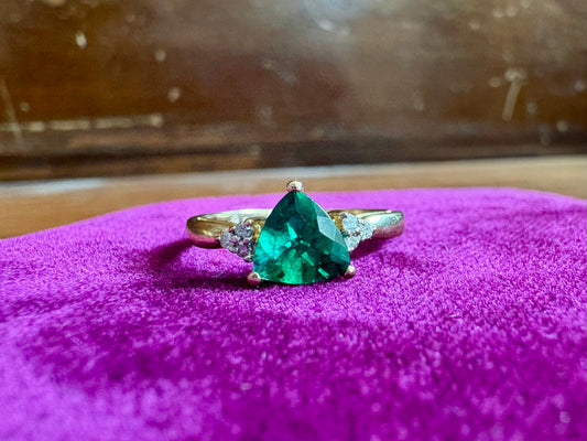 Trillion Synthetic Emerald 10K Yellow Gold Ring