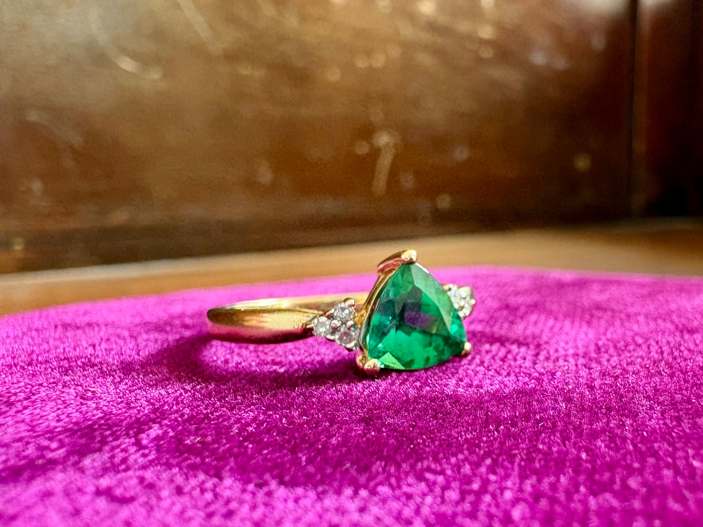Trillion Synthetic Emerald 10K Yellow Gold Ring