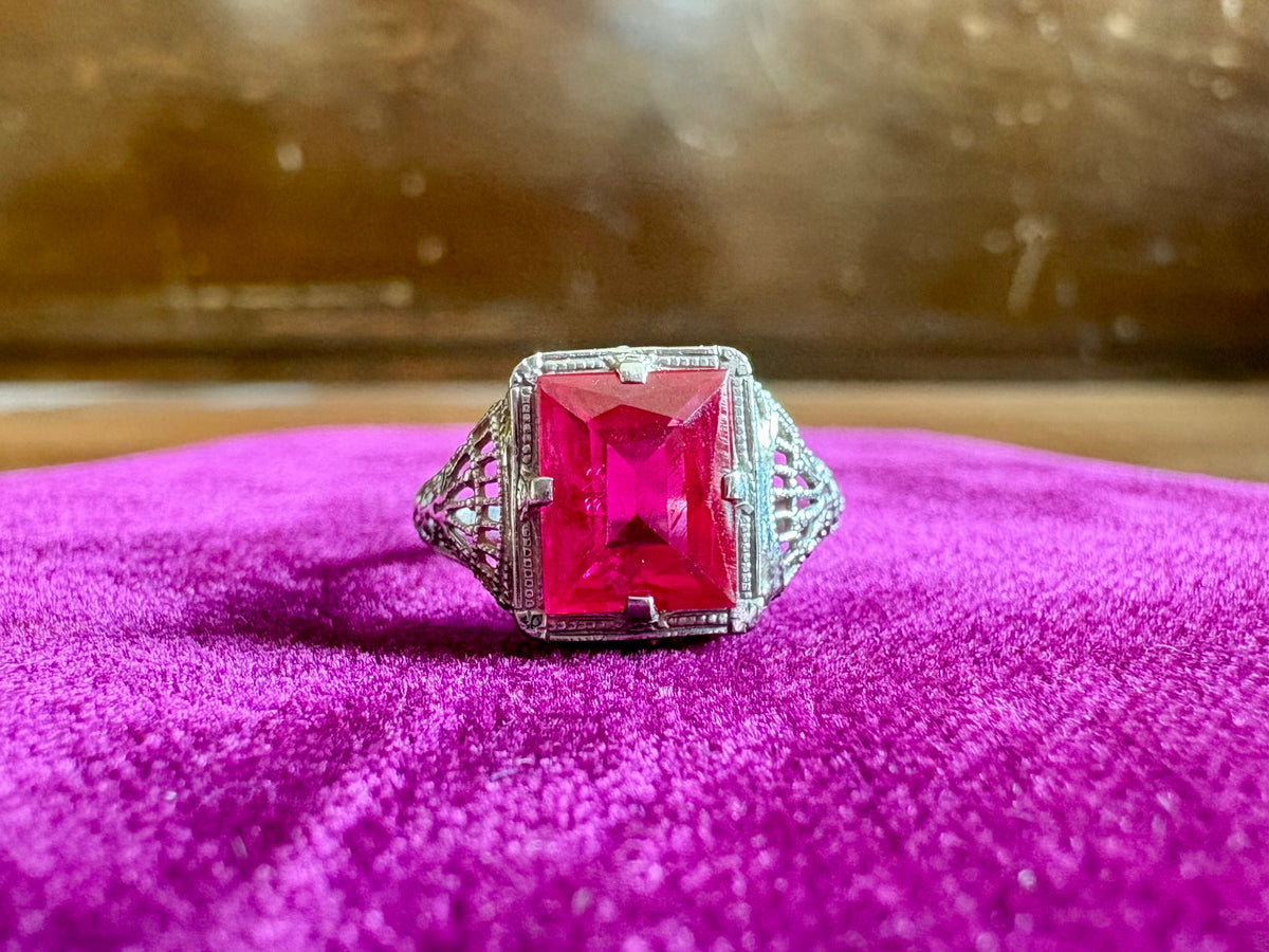 Vintage Filigree Synthetic Ruby 14K White Gold Ring