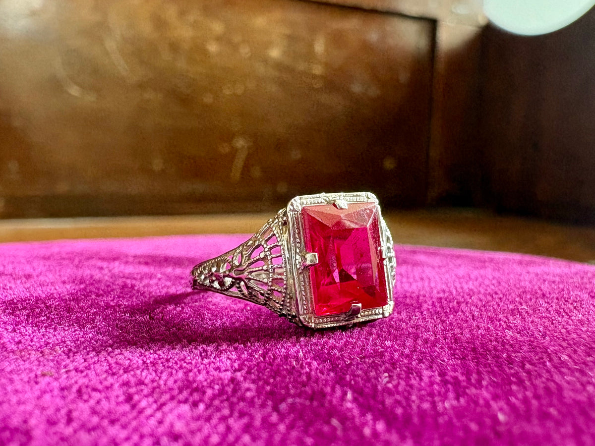 Vintage Filigree Synthetic Ruby 14K White Gold Ring