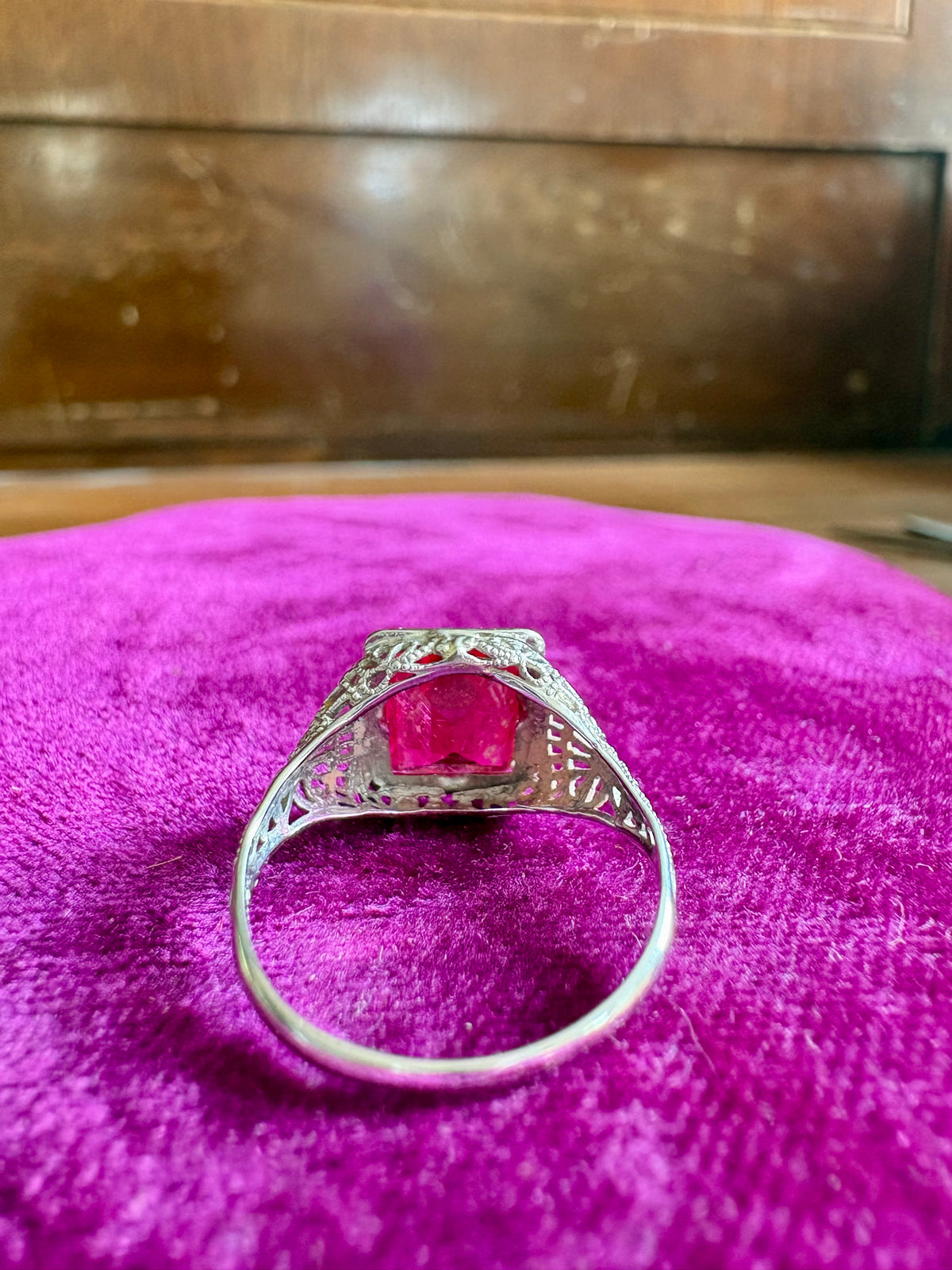 Vintage Filigree Synthetic Ruby 14K White Gold Ring
