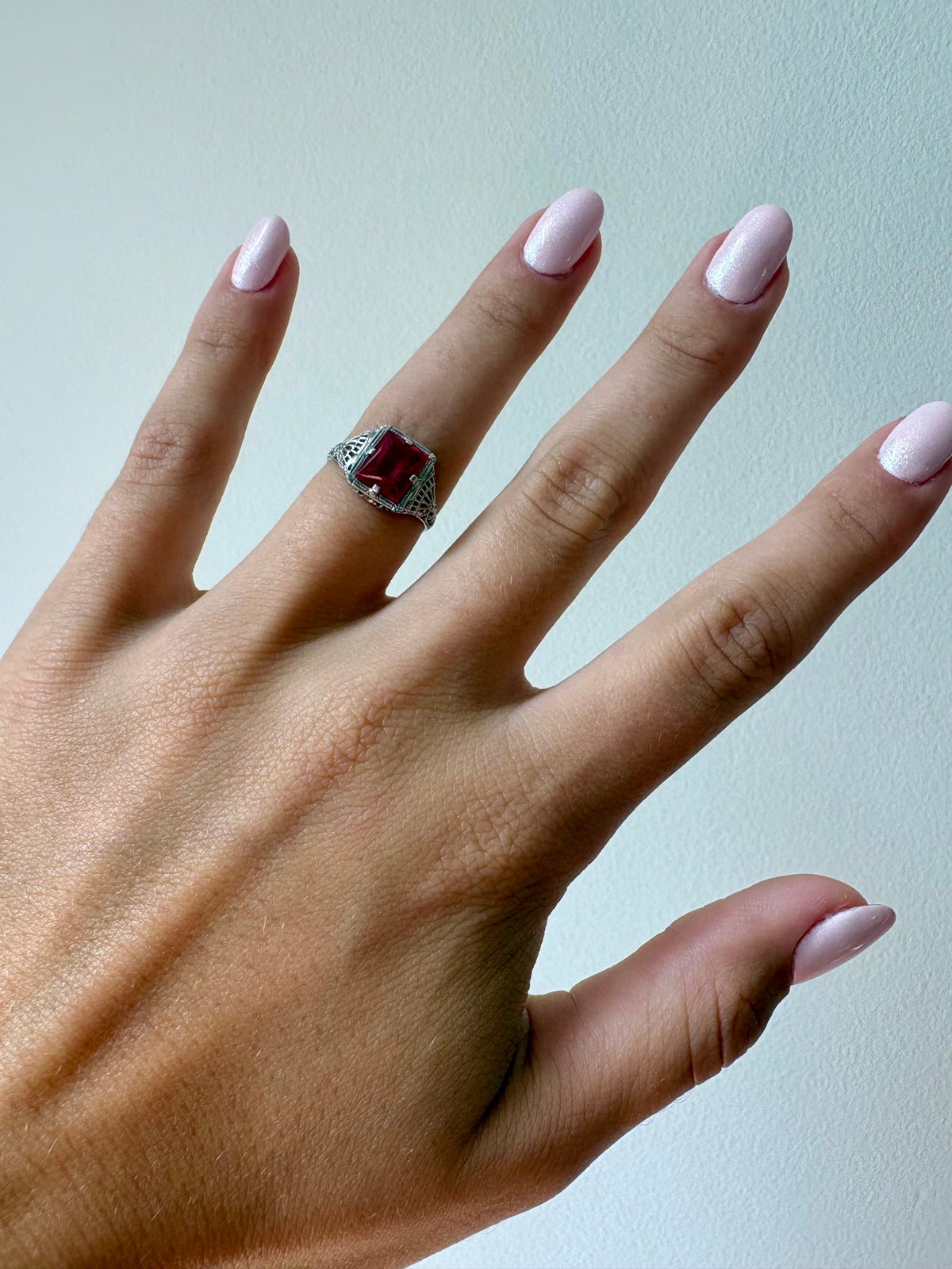 Vintage Filigree Synthetic Ruby 14K White Gold Ring