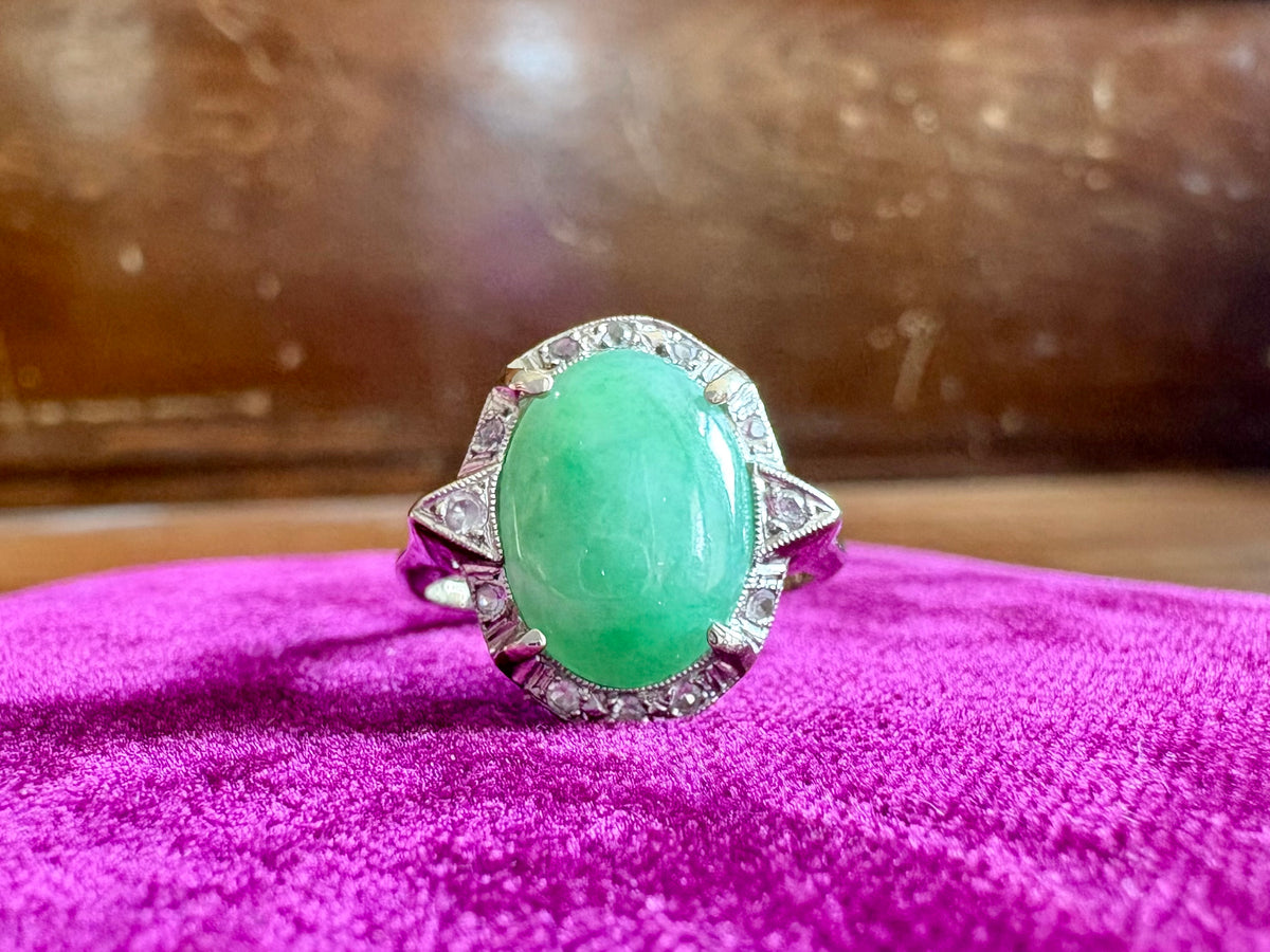 Vintage Jade and Sapphire 14K White Gold Ring