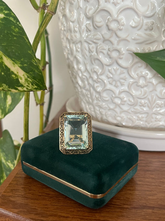 Retro Massive 28.2ct Aquamarine Ring 14k Yellow Gold