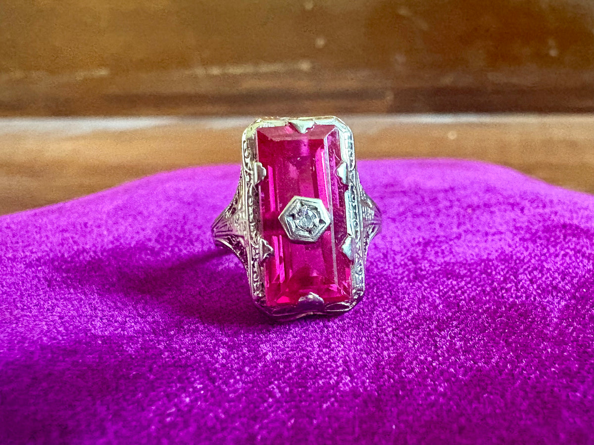 14K White Gold Ruby & Diamond Vintage Ring