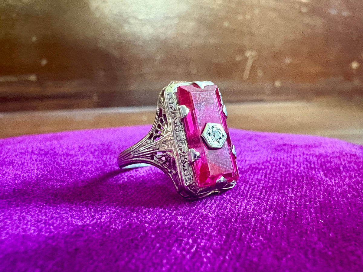 14K White Gold Ruby & Diamond Vintage Ring