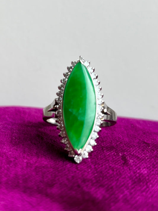 Vintage Marquis Cut Jade and Diamond Halo Ring Platinum