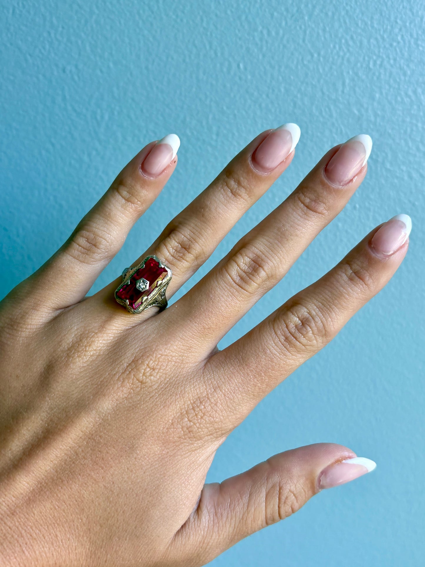 14K White Gold Ruby & Diamond Vintage Ring