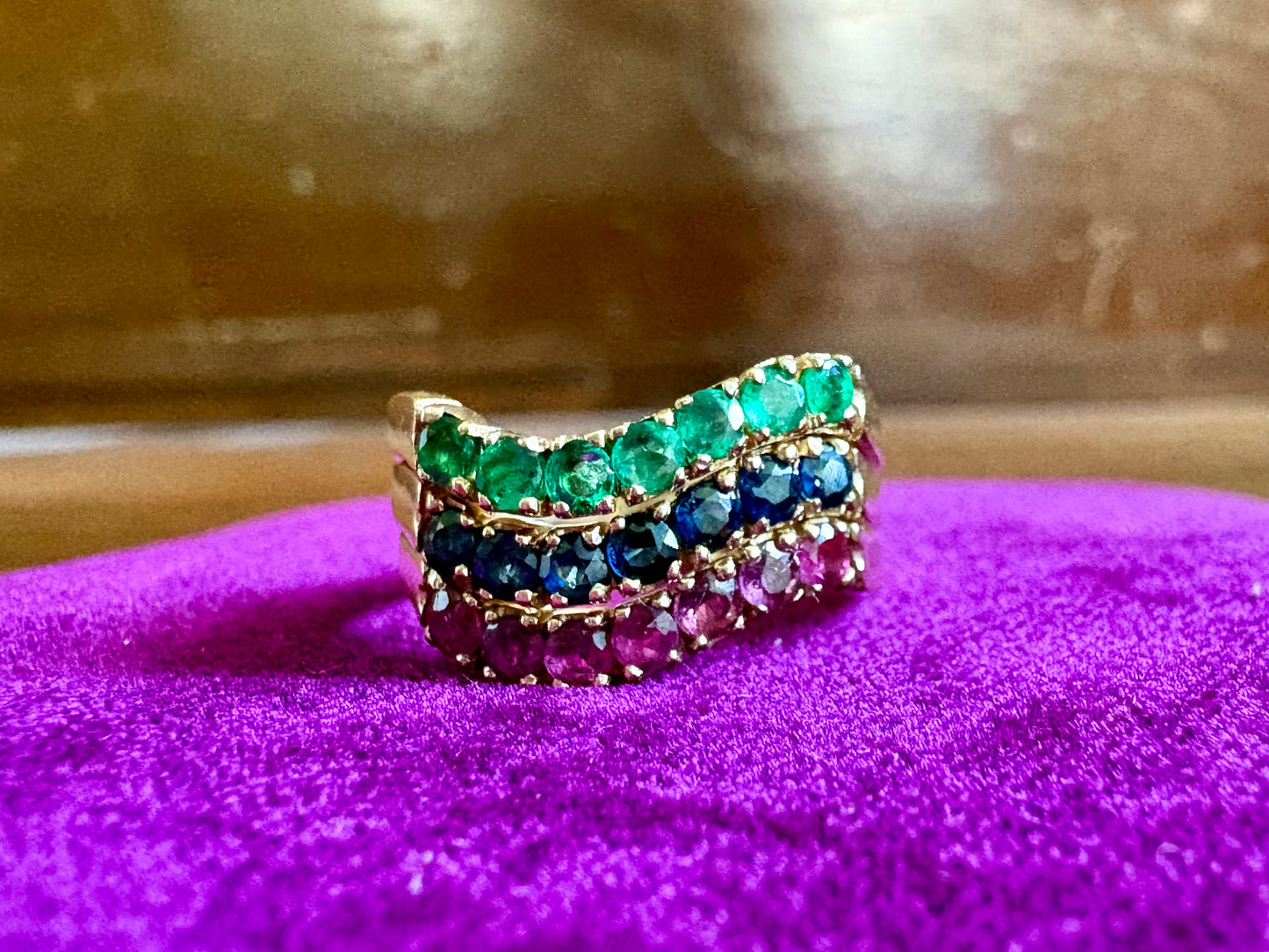 14K Yellow Gold Triple Stackable Ring – Emerald, Sapphire & Ruby Gemstones