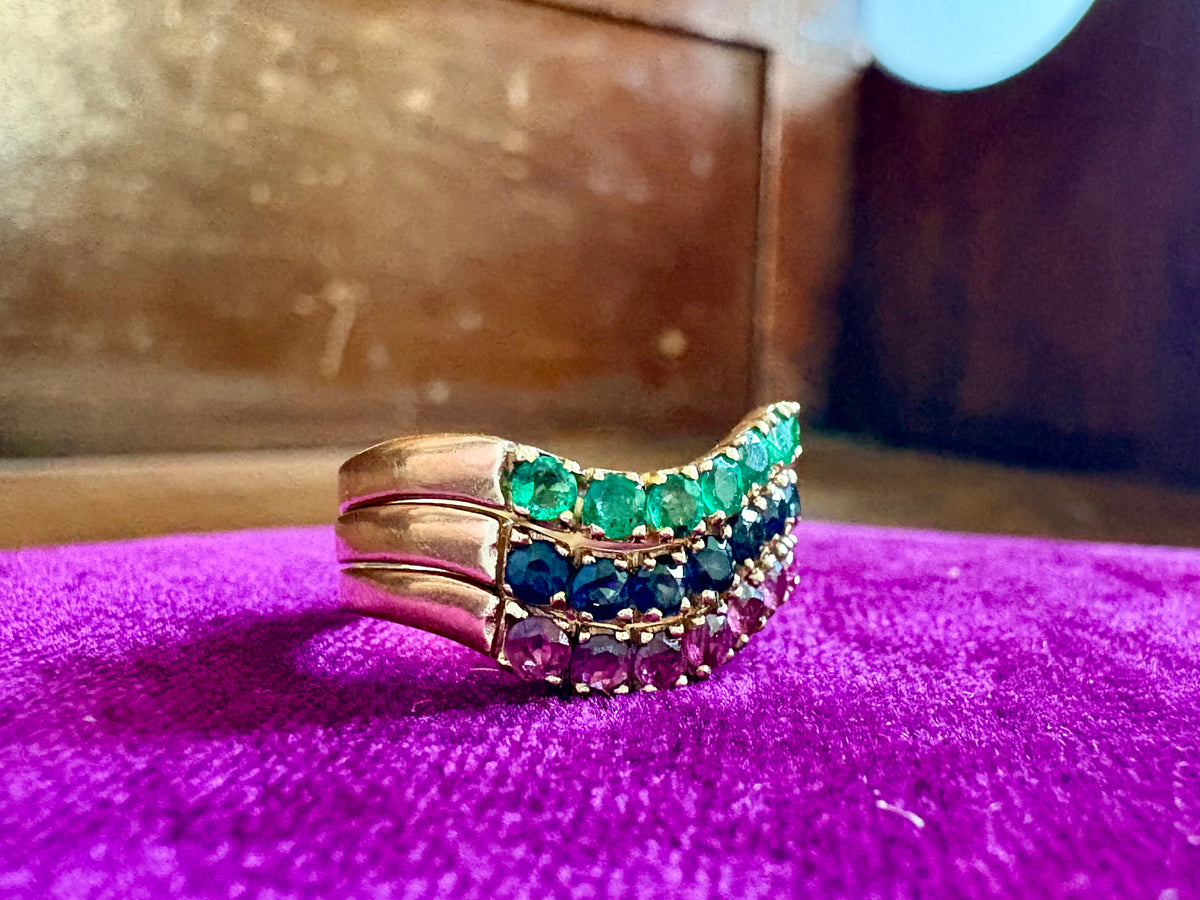 14K Yellow Gold Triple Stackable Ring – Emerald, Sapphire & Ruby Gemstones
