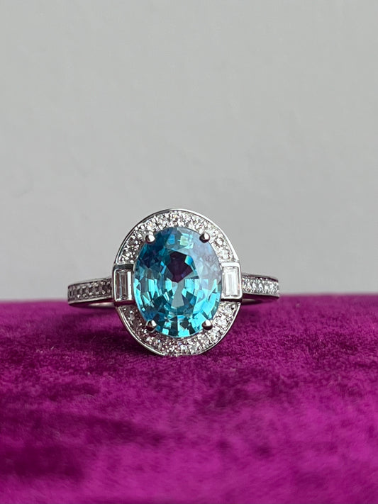 Stunning Blue Zircon and Diamond 14k White Gold Ring