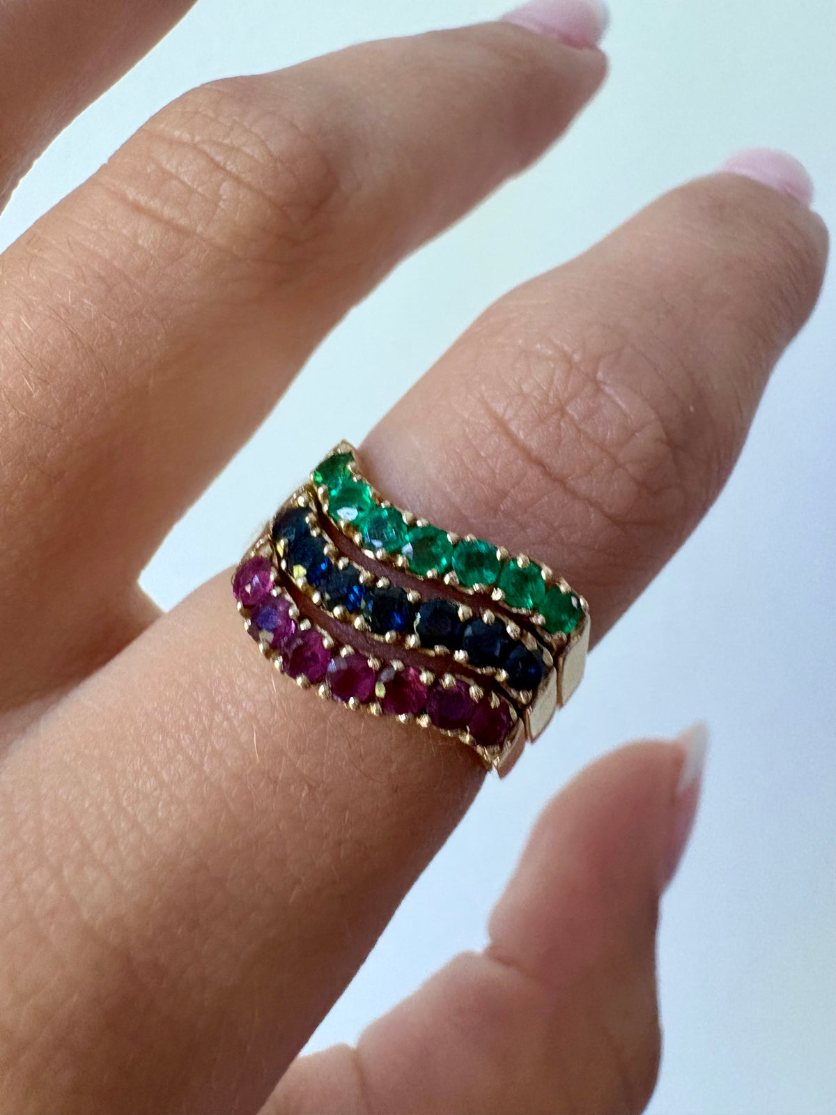 14K Yellow Gold Triple Stackable Ring – Emerald, Sapphire & Ruby Gemstones