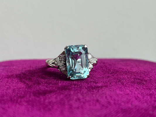 Emerald Cut Aquamarine and Diamond Ring Platinum