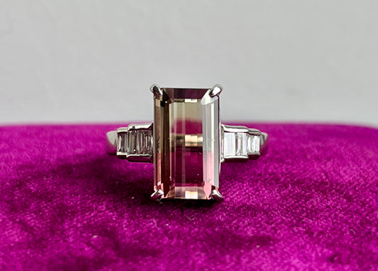 Beautiful Watermelon Tourmaline and Diamond Ring Platinum