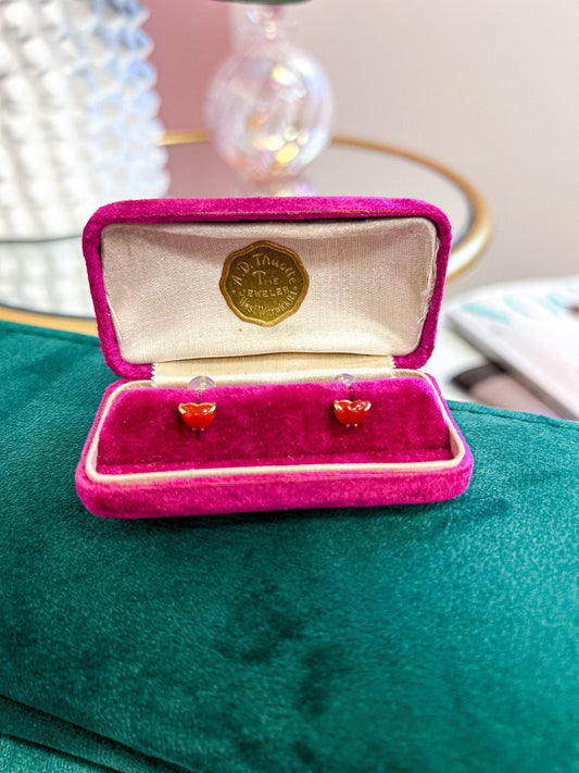 18K Coral Heart Studs