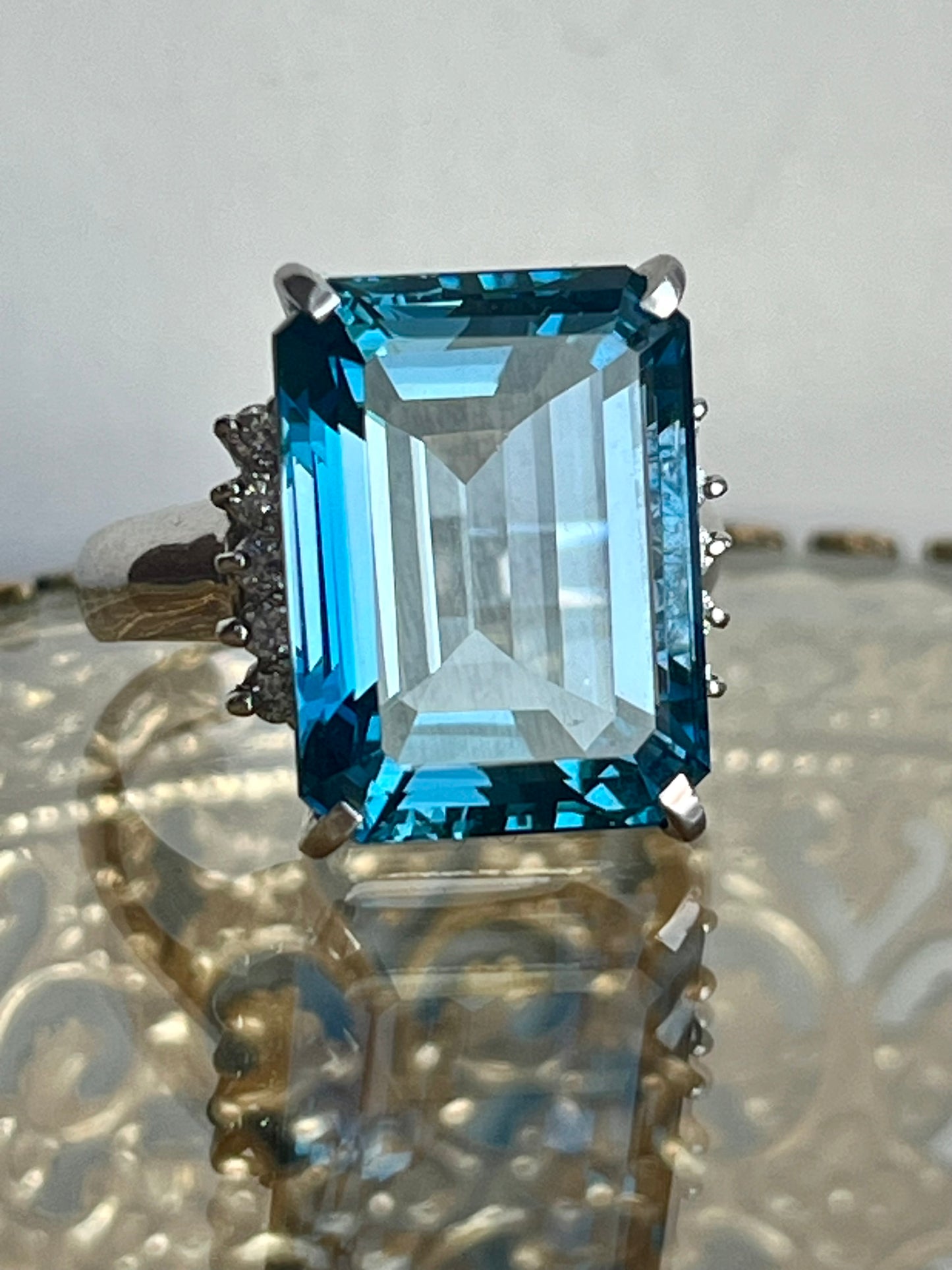 Platinum 15.95ct London Blue Topaz and Diamond Ring