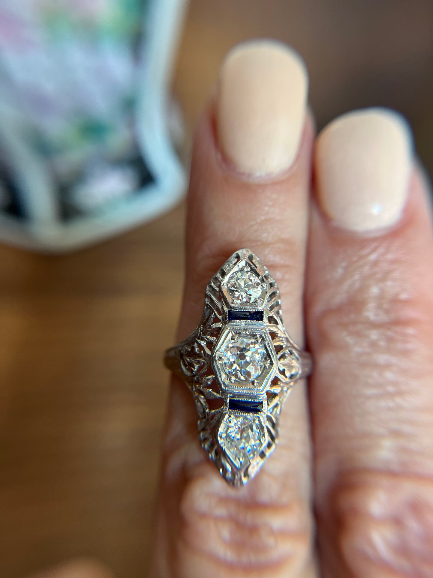 Art Deco Diamond and Sapphire Dinner Ring Rectangles