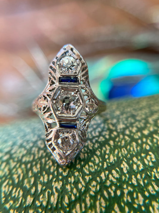 Art Deco Diamond and Sapphire Dinner Ring Rectangles