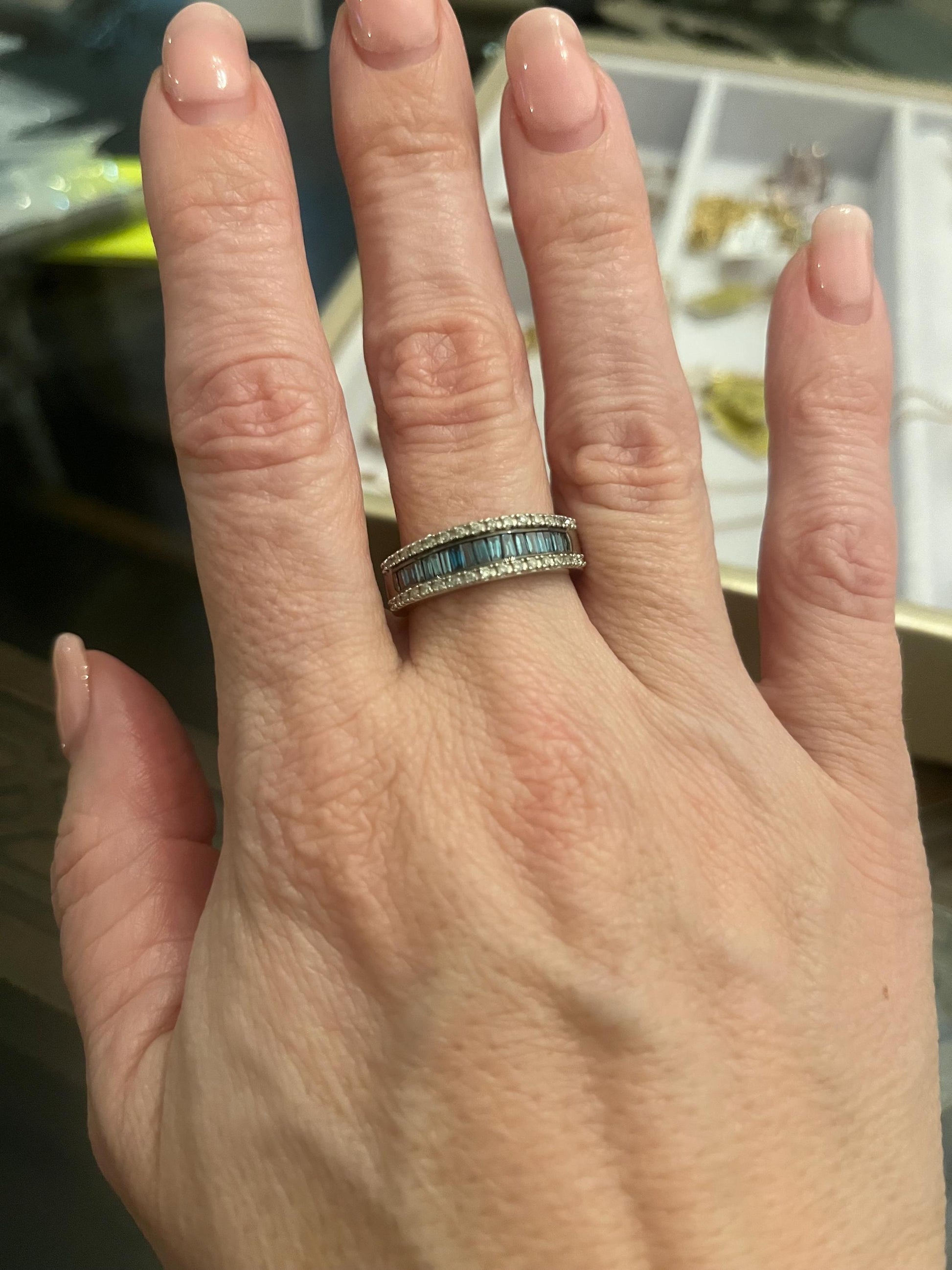 Three Row White & Blue DIAMOND Band 10k