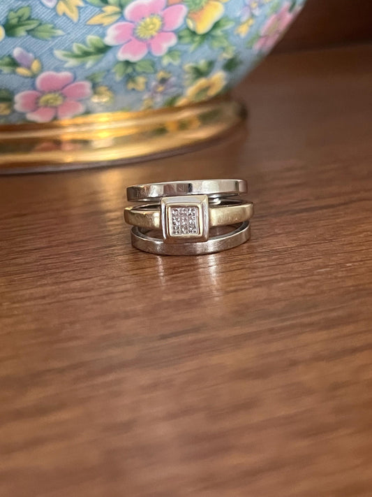 Three Row White & Yellow Gold DIAMOND Ring 14k