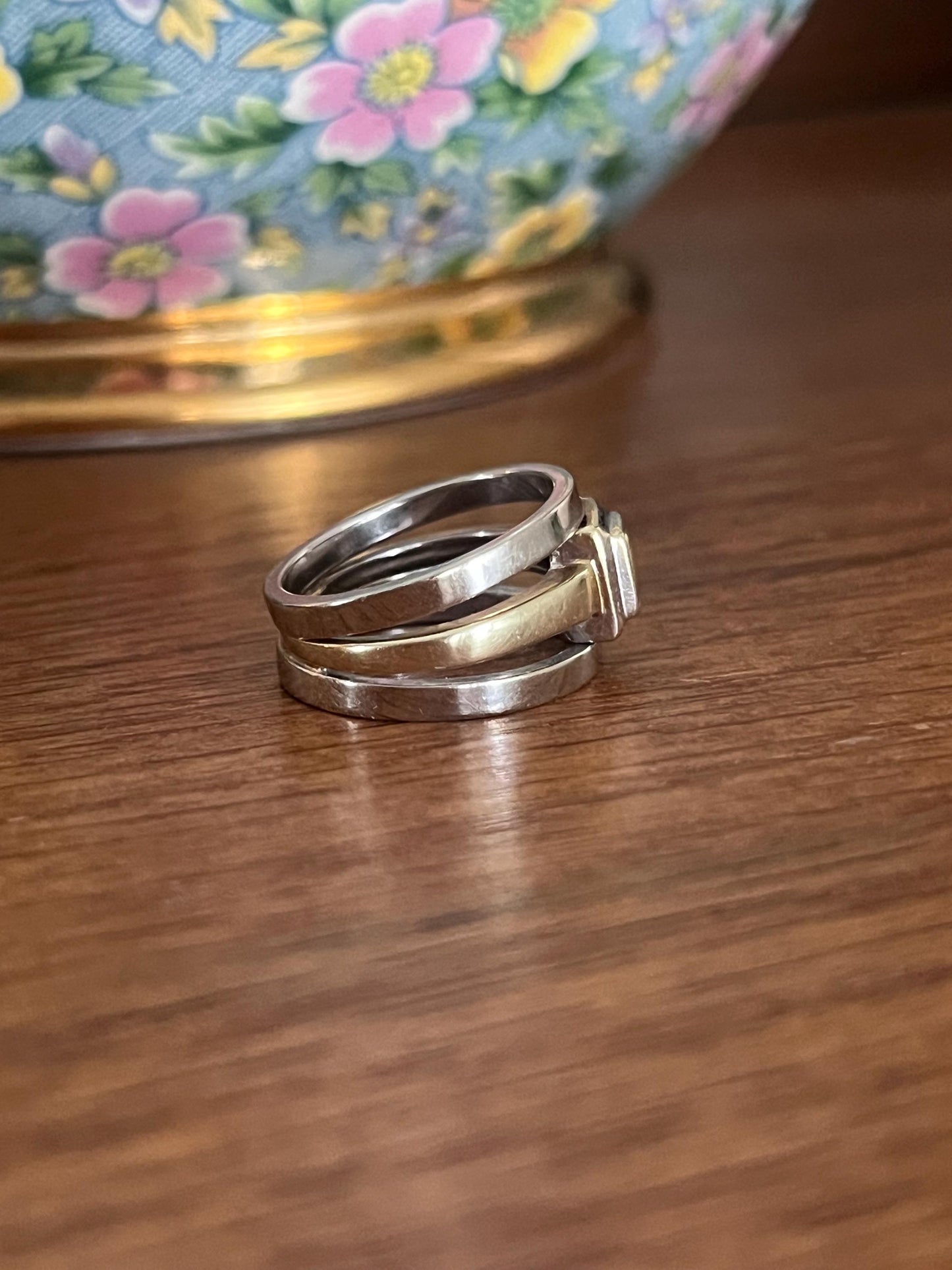 Three Row White & Yellow Gold DIAMOND Ring 14k