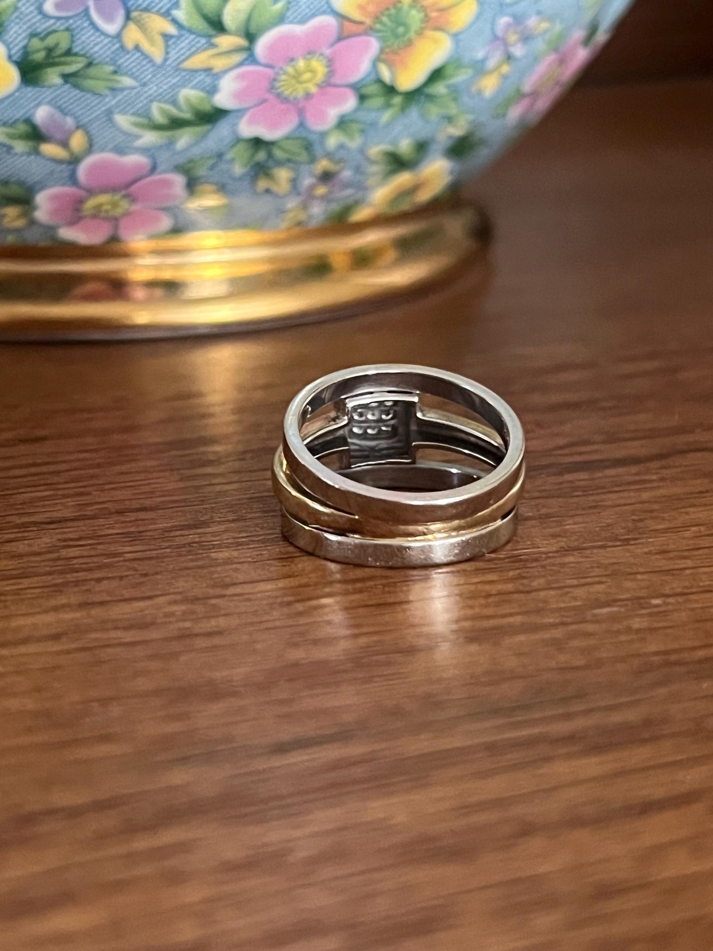 Three Row White & Yellow Gold DIAMOND Ring 14k