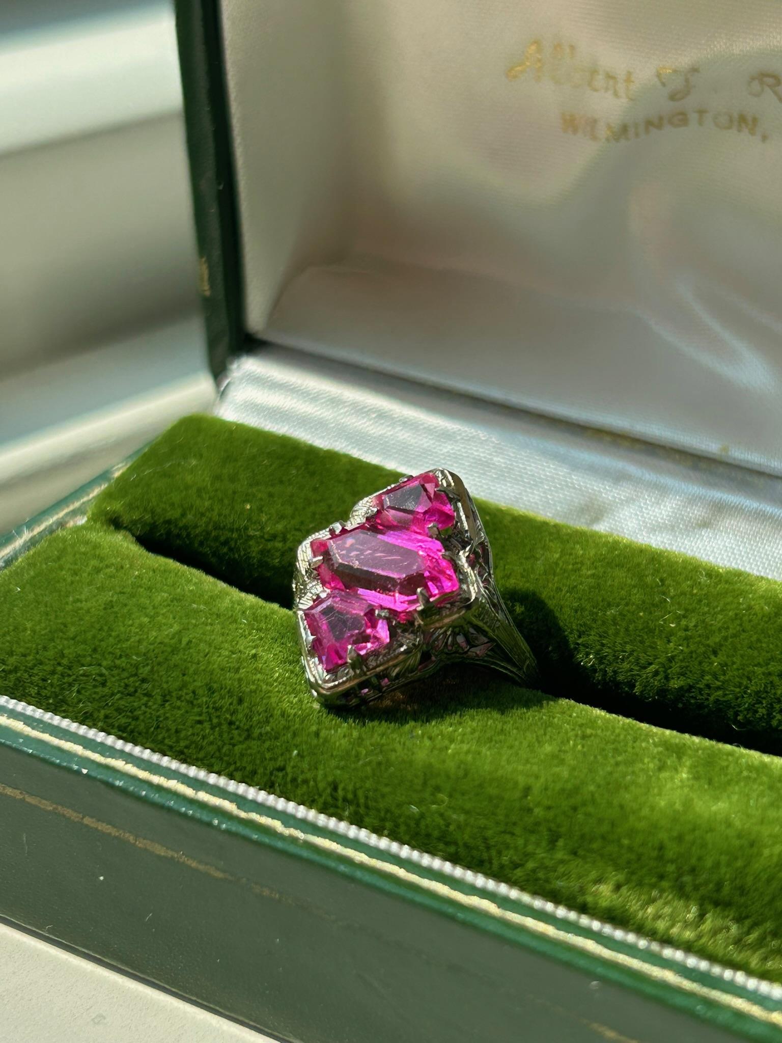 Vintage Hot Pink Synthetic Sapphire 3 Stone White Gold Filigree Ring
