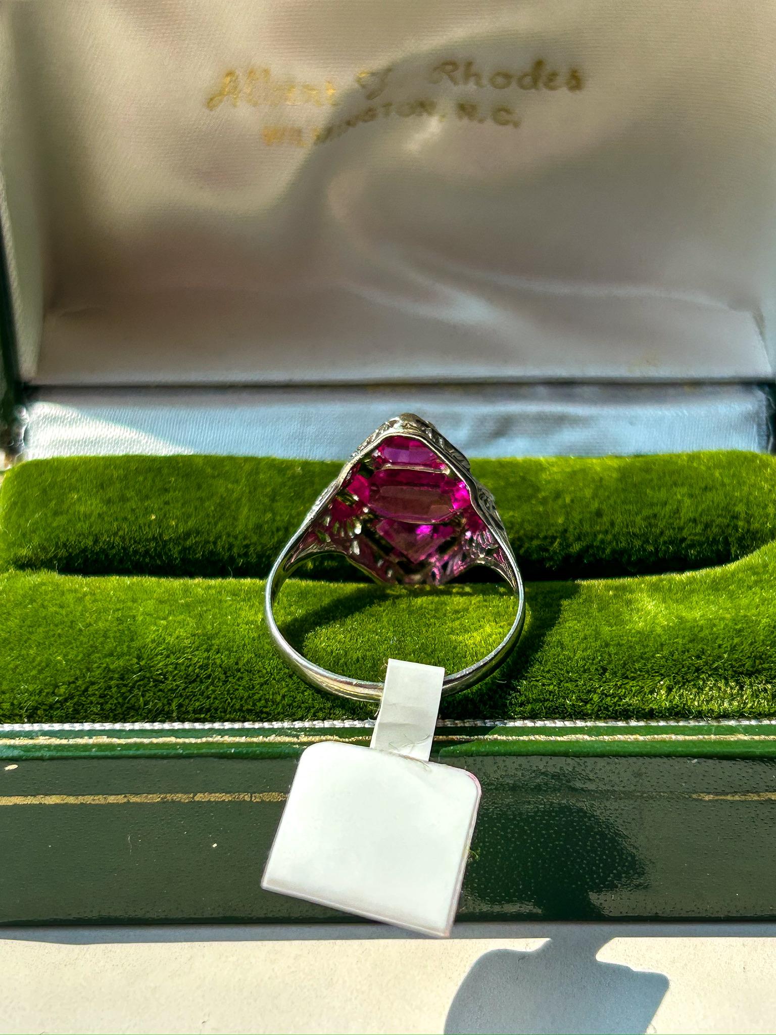 Vintage Hot Pink Synthetic Sapphire 3 Stone White Gold Filigree Ring