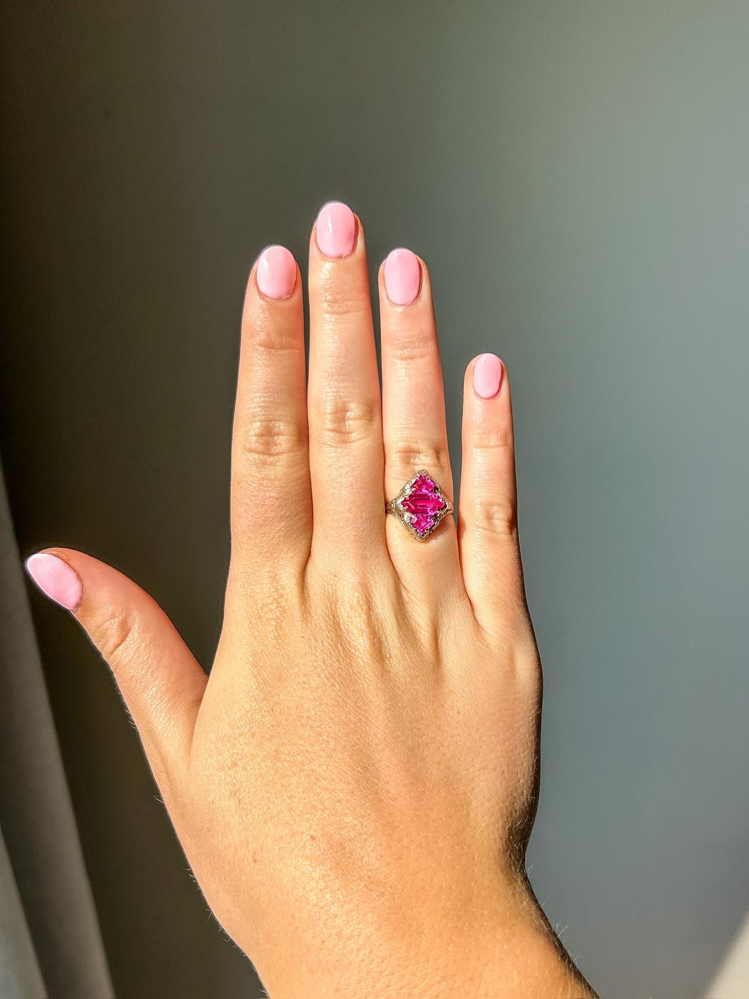 Vintage Hot Pink Synthetic Sapphire 3 Stone White Gold Filigree Ring