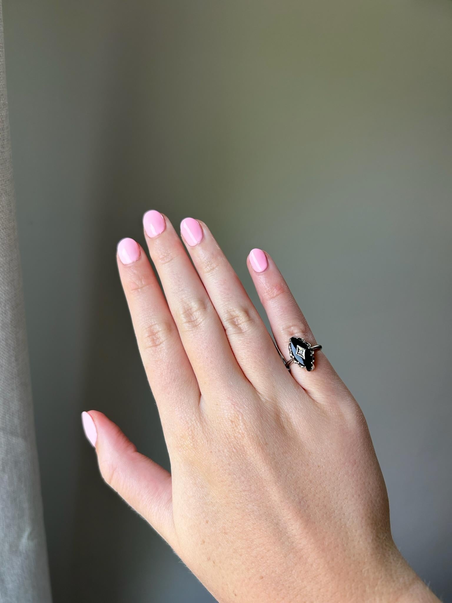 Vintage Onyx Marquis & Diamond Chip White Gold Ring