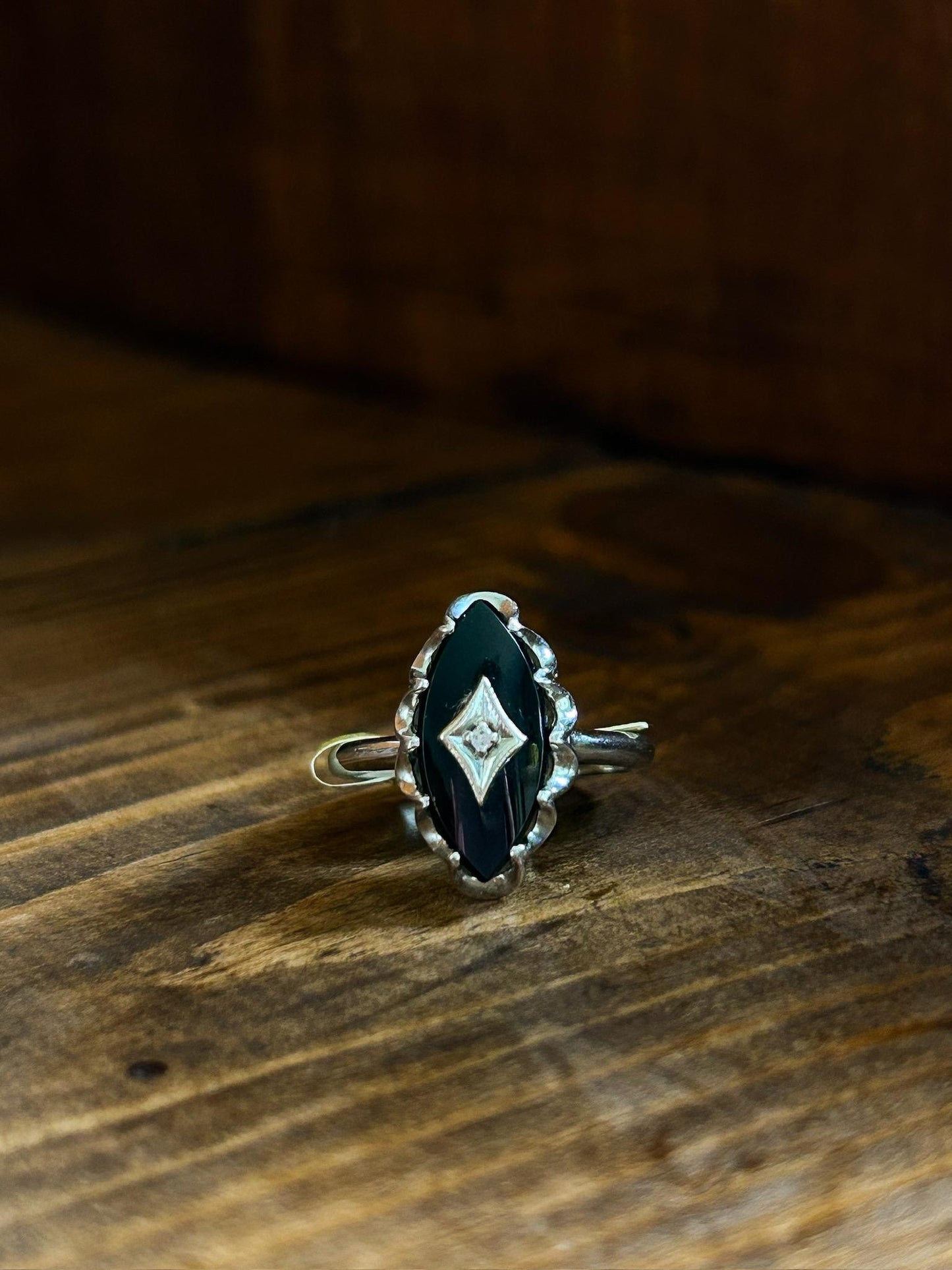 Vintage Onyx Marquis & Diamond Chip White Gold Ring
