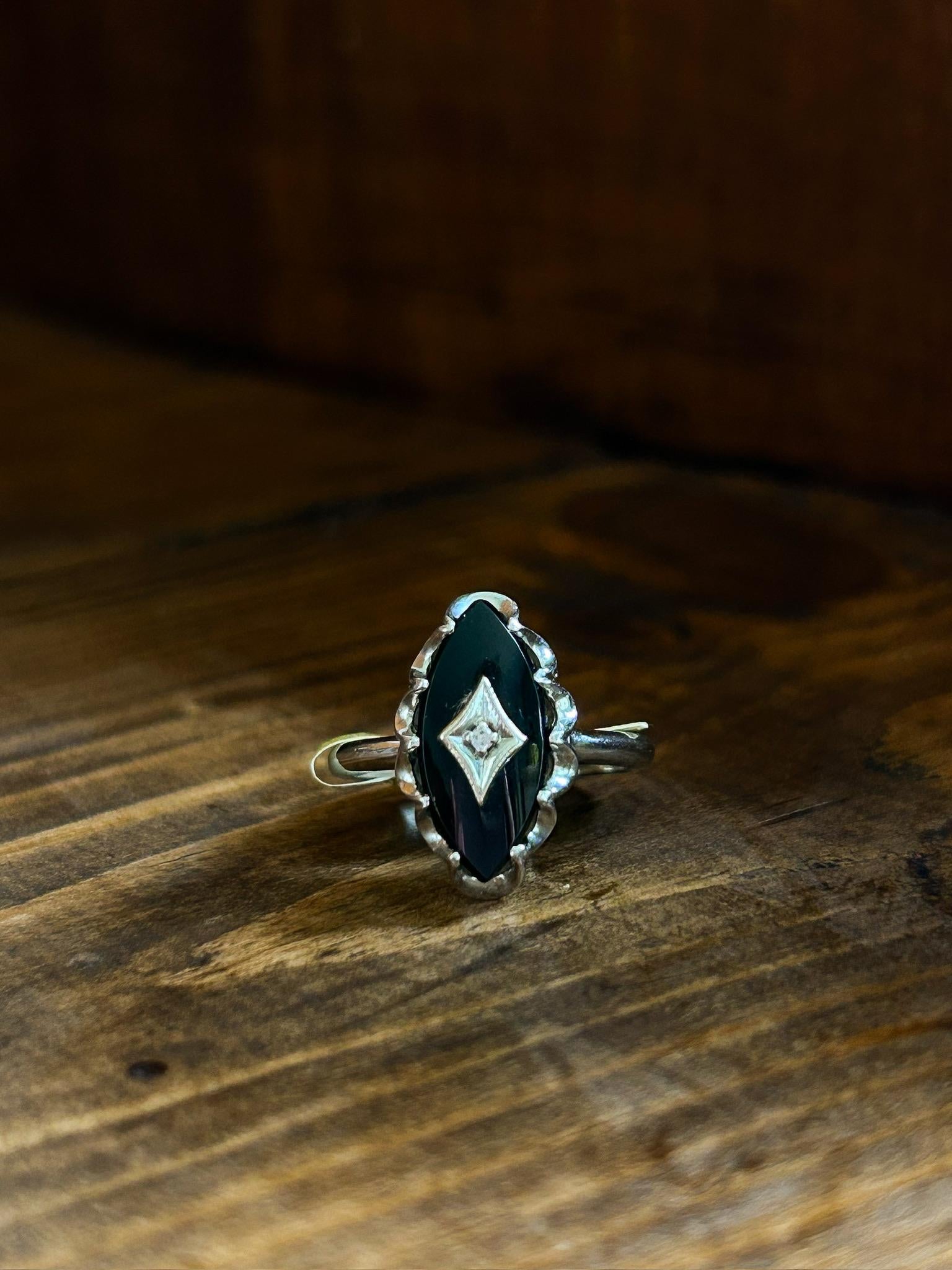 Vintage Onyx Marquis & Diamond Chip White Gold Ring