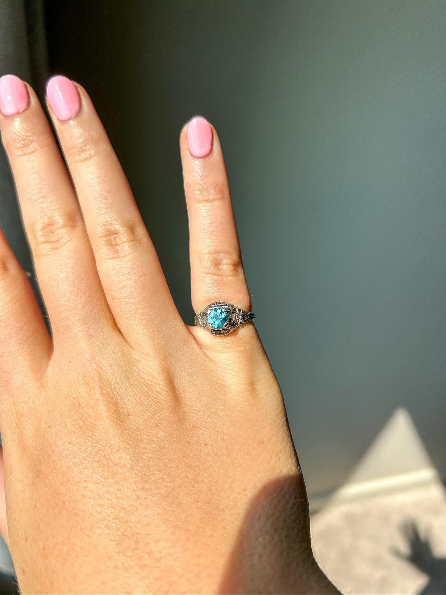 Platinum Filigree Synthetic Sapphire and Zircon Ring