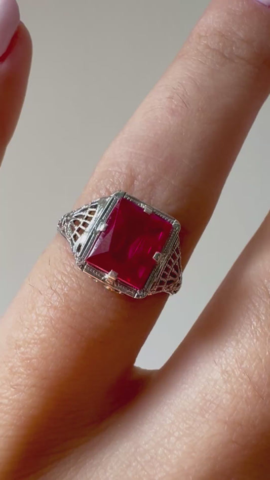 Vintage Filigree Synthetic Ruby 14K White Gold Ring