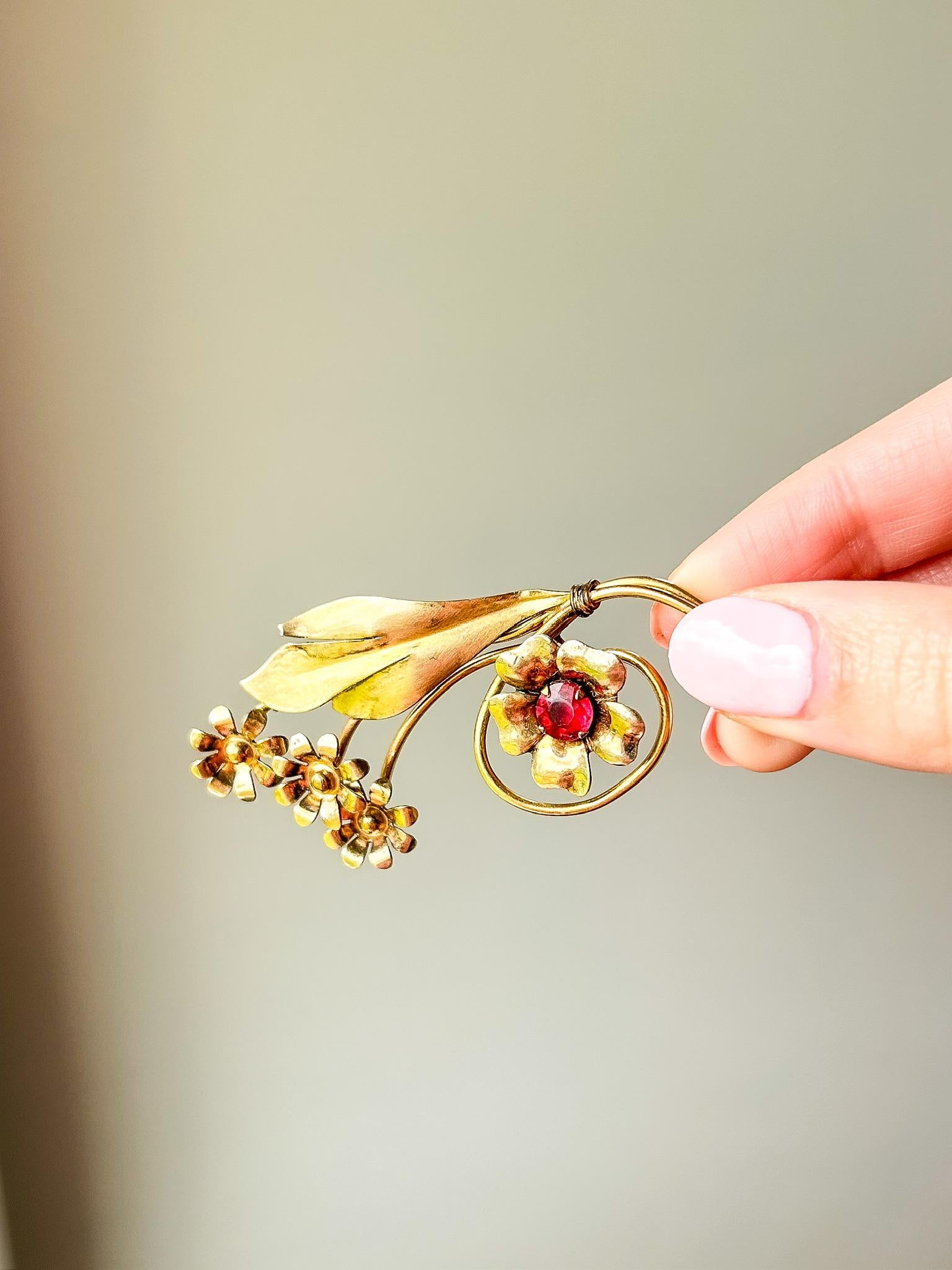 Vintage Floral Gold Filled 1/20 12K Brooch with Red Stone Van Dell